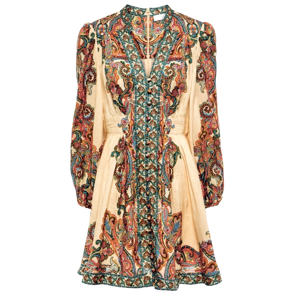 NWT Zimmermann Ottie Plunge Mini Dress 100% Linen Paisley Print size AU0 / US 4